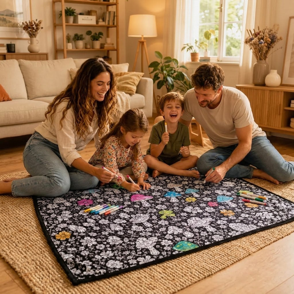 Famille qui colorie le plaid sur le tapis du salon