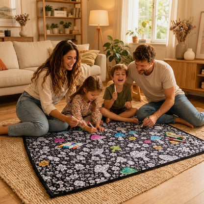 Famille qui colorie le plaid sur le tapis du salon