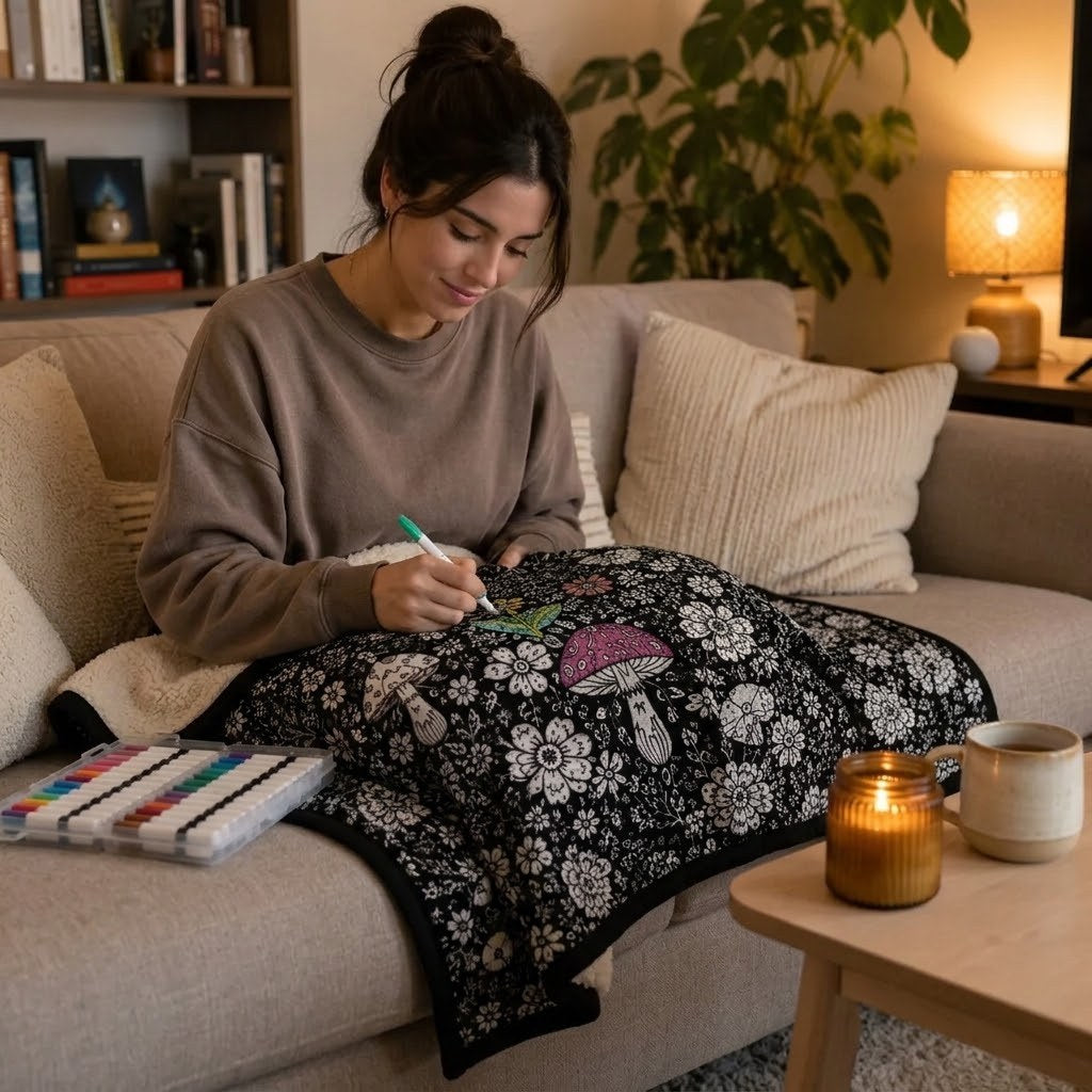 Femme qui colorie le plaid sur le canapé le soir