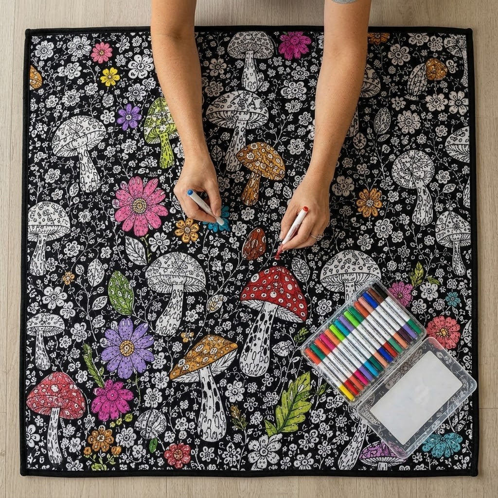 Mains qui colorient le plaid, trousse de feutres ouverte