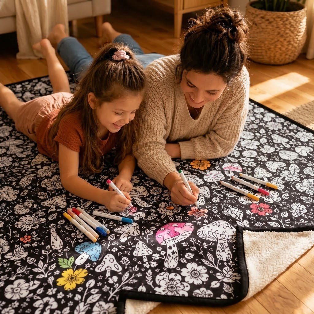 Mère et fille qui colorient le plaid au sol