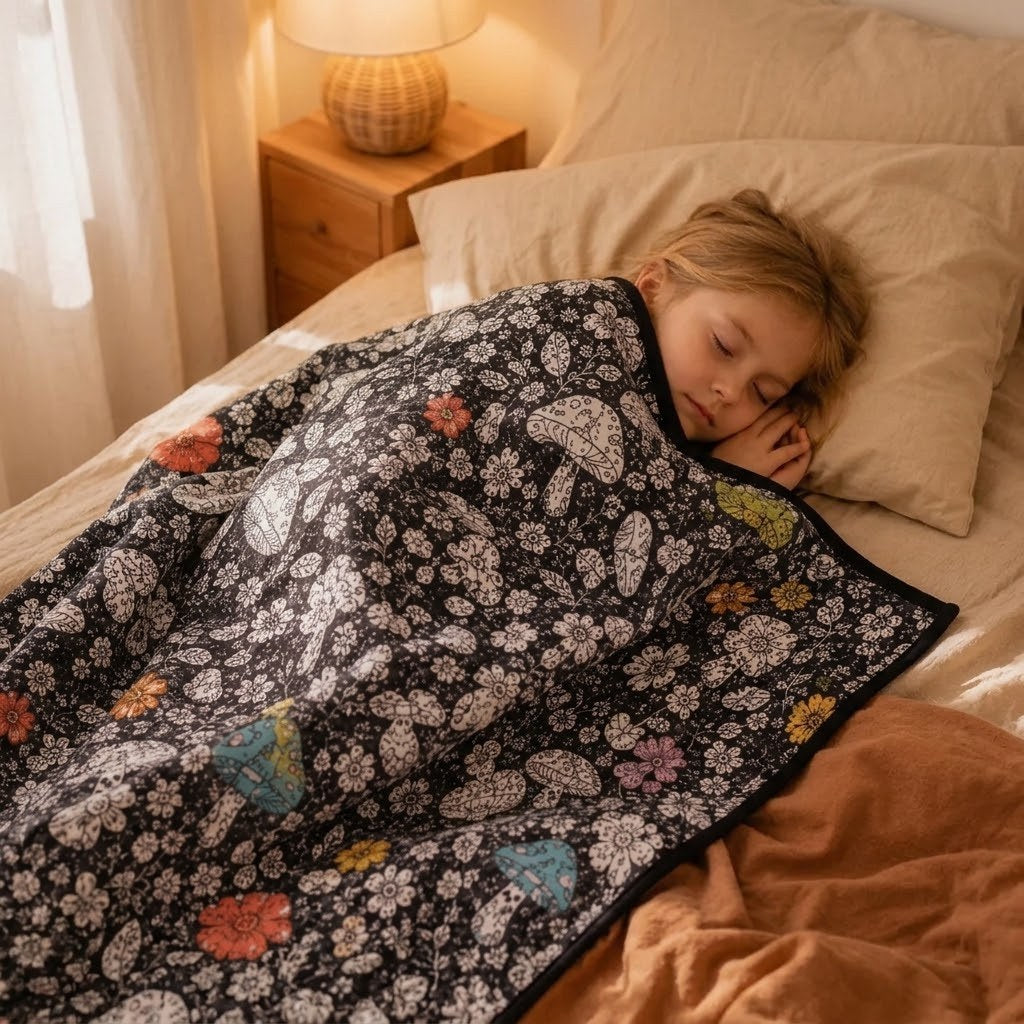 Enfant endormi sous le plaid colorié